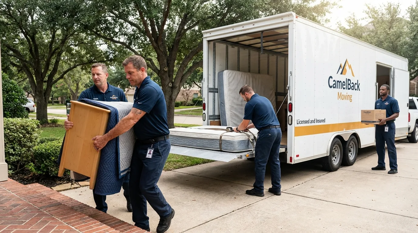 Crew loading residential truck for cross-state move from North Prairie, WI
