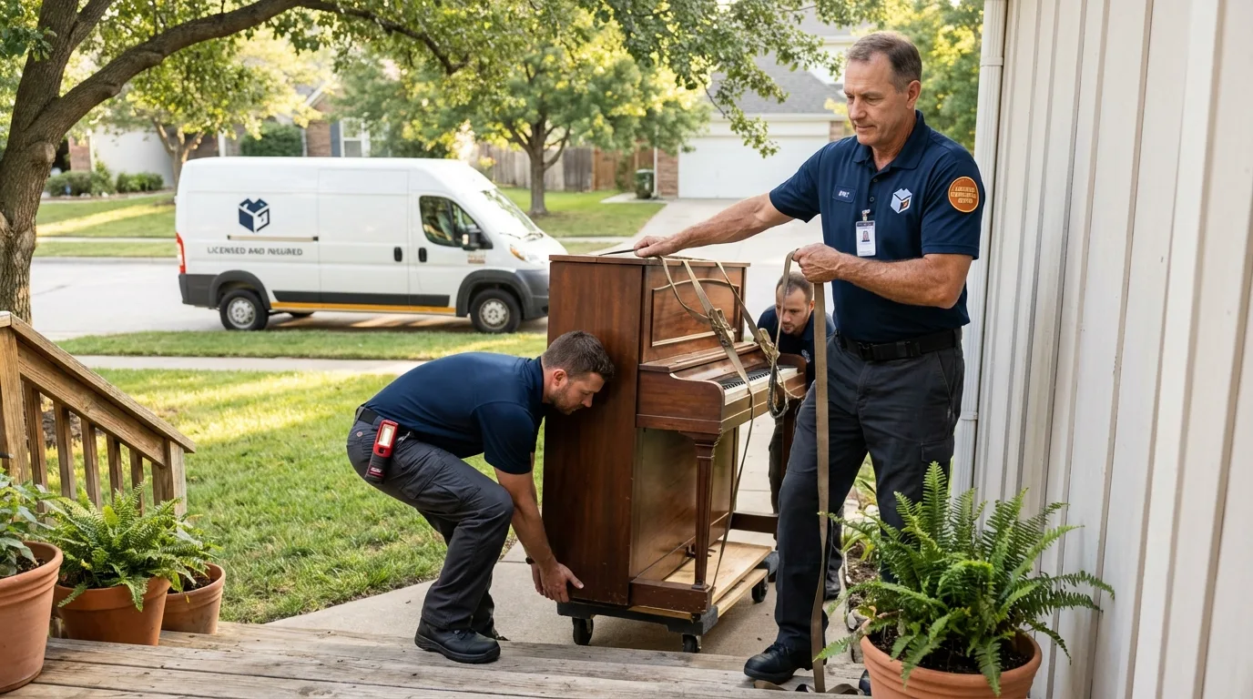 Licensed piano movers securing grand piano in North Prairie, WI