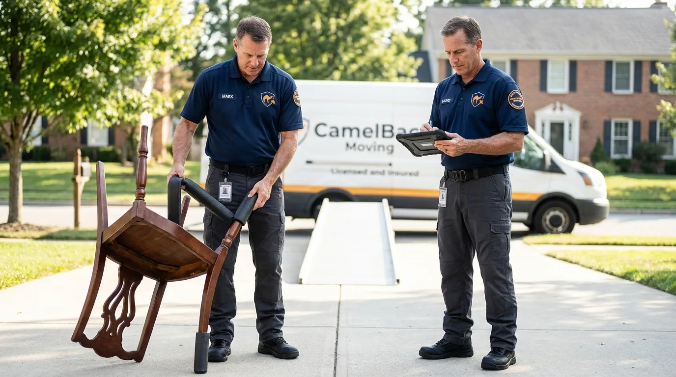 Movers inspecting furniture for damage prevention before loading in North Prairie, WI