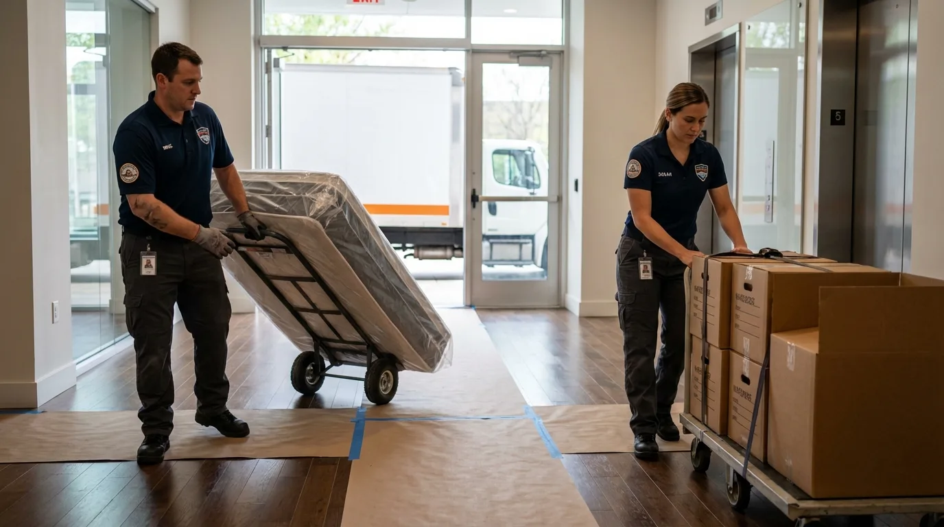 Professional apartment movers loading elevator in North Prairie, WI