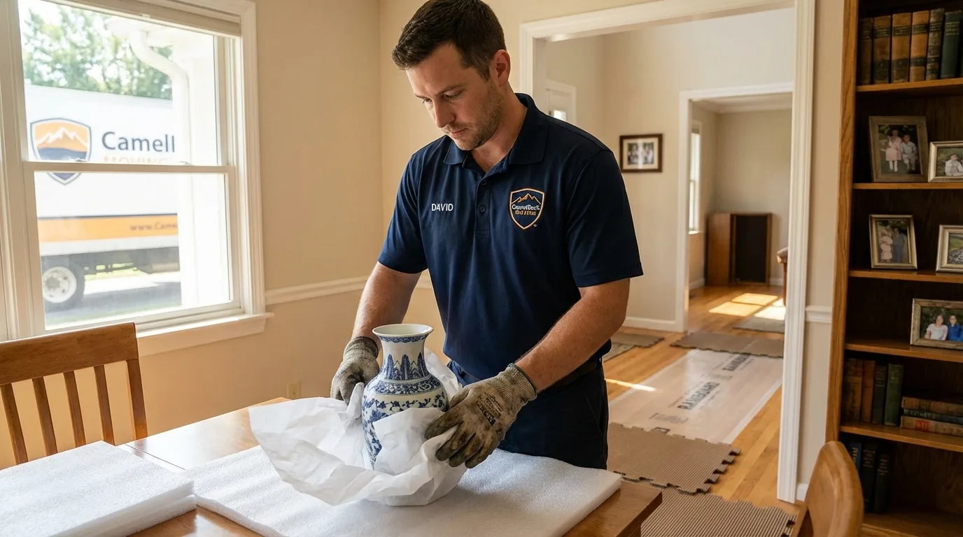 Professional crew carefully wrapping antique vase for senior downsizing move in North Prairie, WI