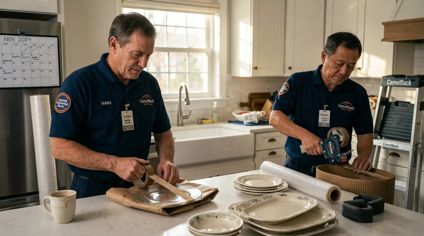 Professional crew packing kitchen dishware in North Prairie, WI